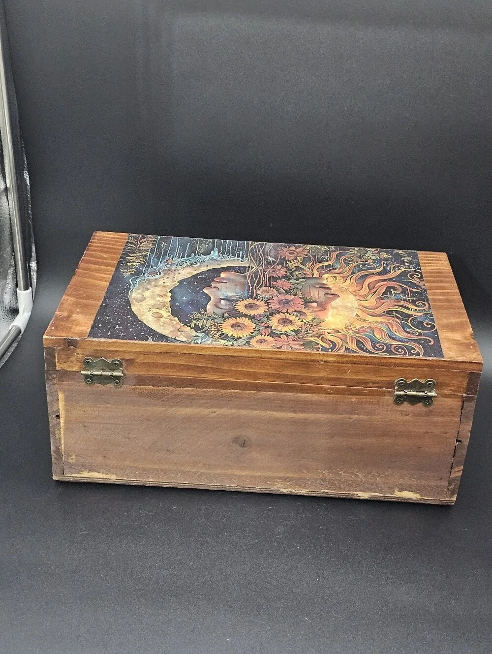 Artisan Upcycled Celestial Sun & Moon Wooden Jewelry / Crystal / Trinket Box